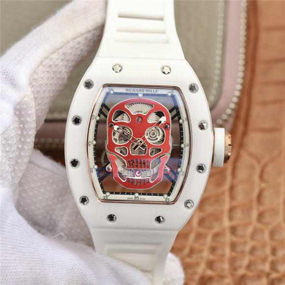 理查德米勒RM52-01镂空骷髅头腕表 经典白色款男士机械手表 橡胶表带