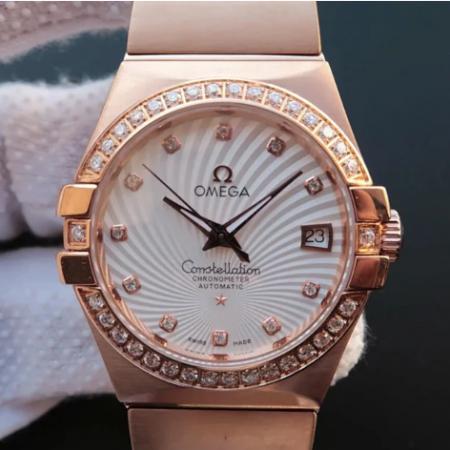 欧米茄星座系列玫瑰金白盘镶钻搭载2892瑞士机芯35MM男士腕表